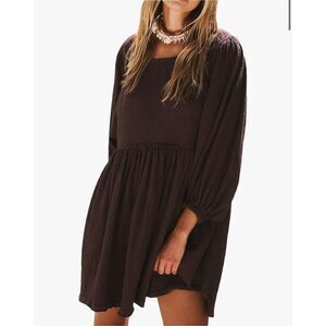 NEW Brown Babydoll 3/4 Puff Sleeve Crew Neck Mini Loose Flowy Dress S
